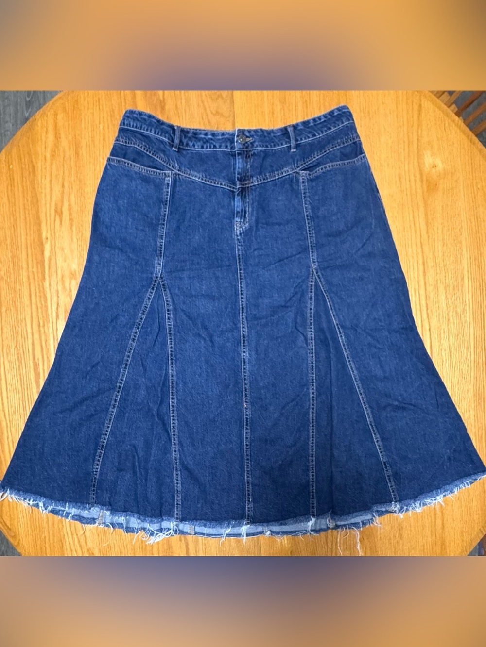 Ava & Viv Blue Denim A-Line Paneled Skirt with Frayed Hem